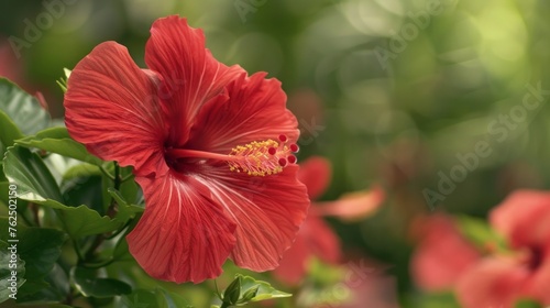 Pretty red hibiscus flower blossom in bloom. © Emil