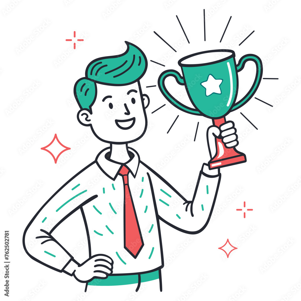 Man holding a trophy hand drawn doodle style illustration