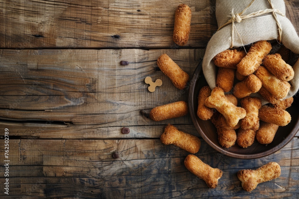 Fototapeta premium Dog croquettes in sacks and feeder on wooden table with pressed skin bones. Elevated view. Horizontal composition.