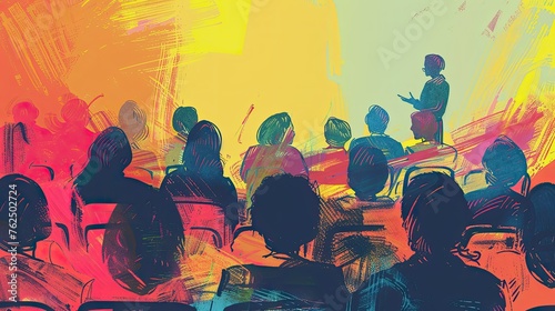 Teacher's Day Celebration. Colorful Abstract Sketch Art Drawing Graffiti Background as Teacher Gives Speech to Seated Students. Watercolor Oil Painting Handcrafted Banner or Poster