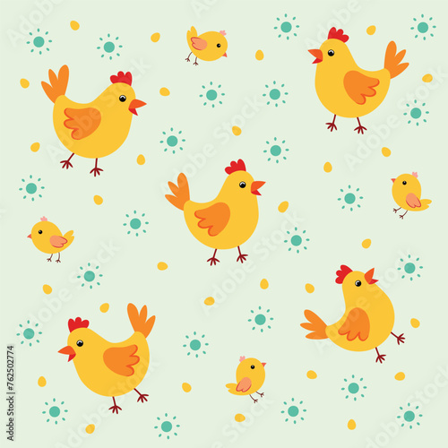 Hens chickens and eggs seamless pattern illustration