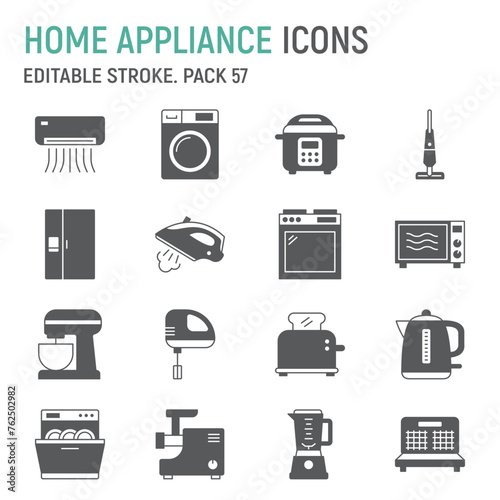 Home appliances glyph icon set, household collection, vector graphics, logo illustrations, house equipment vector icons, appliances signs, solid pictograms, editable stroke