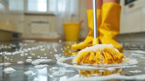 Person Cleaning Kitchen Floor Up Close