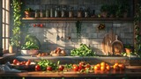 Warm sunlight filters through a cozy rustic kitchen filled with fresh vegetables and green herbs, ready for healthy cooking.