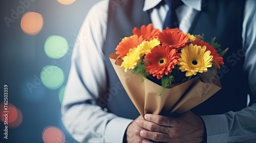 Thoughtful Gift on Teacher's Day. Close-Up of Teacher Holding Bouquet of Flowers with Blur Bokeh Background. Perfect Copy Space for Banner or Poster.