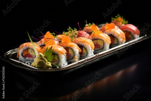 Exquisite sushi on a metal tray against a painted acrylic background