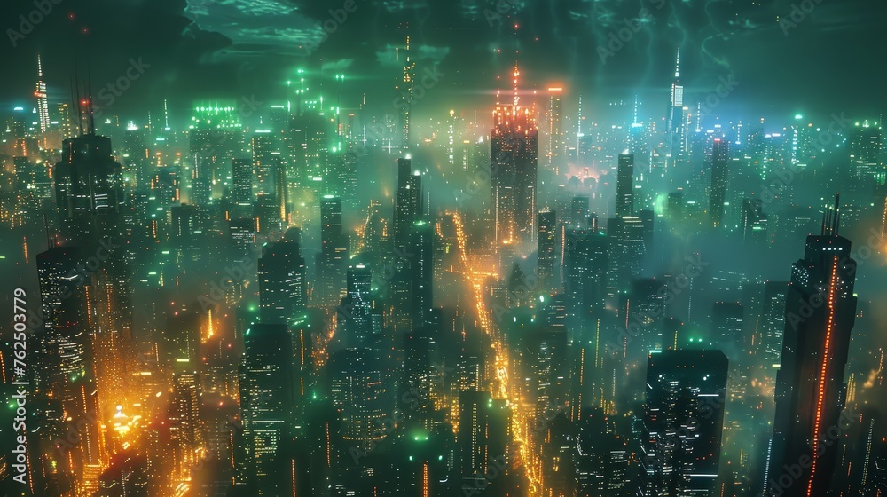 A sprawling cyberpunk cityscape enveloped in mist, with neon-lit skyscrapers piercing the fog under a turbulent sky.