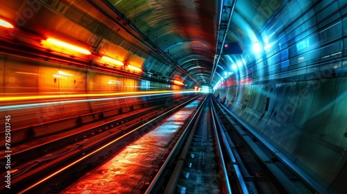 A motion-blurred image capturing the vibrant streaks of a train's passage through a colorful, illuminated subway tunnel.