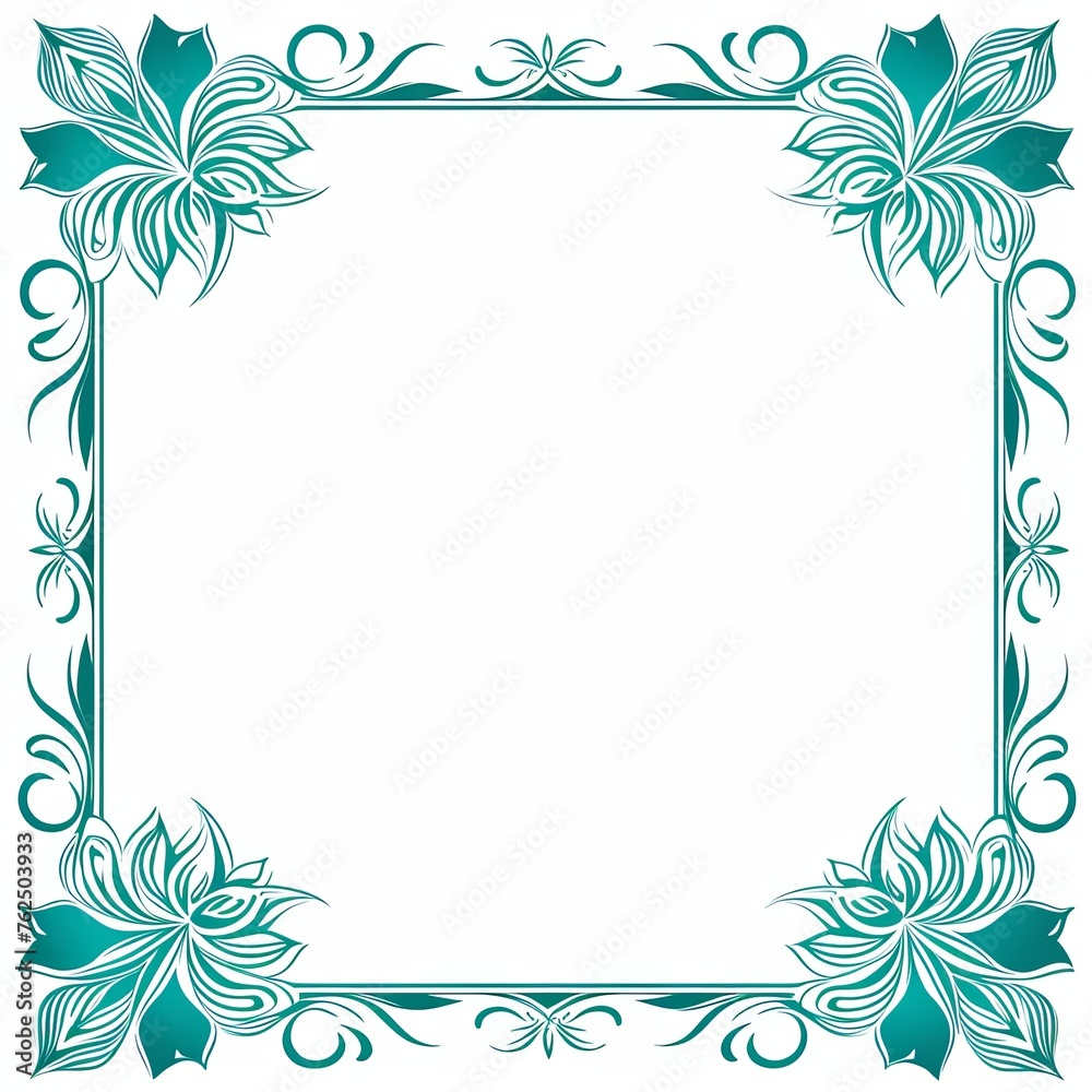 Blank turquoise page with very simple single flower mandala outline design border
