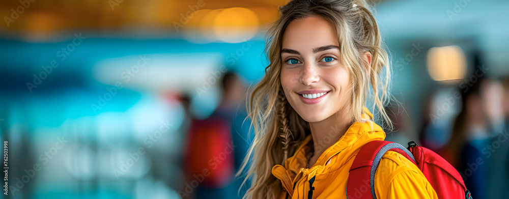 Attractive girl smiling with a red backpack. Space for text. Attractive girl smiling with a red backpack. Space for text.