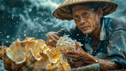 Hands of an elderly man mining pearls from shells near the sea, pearl mining