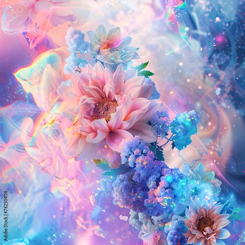 Abstract light blue colorful flowers on a starry background. Flowering flowers  a symbol of spring  new life.