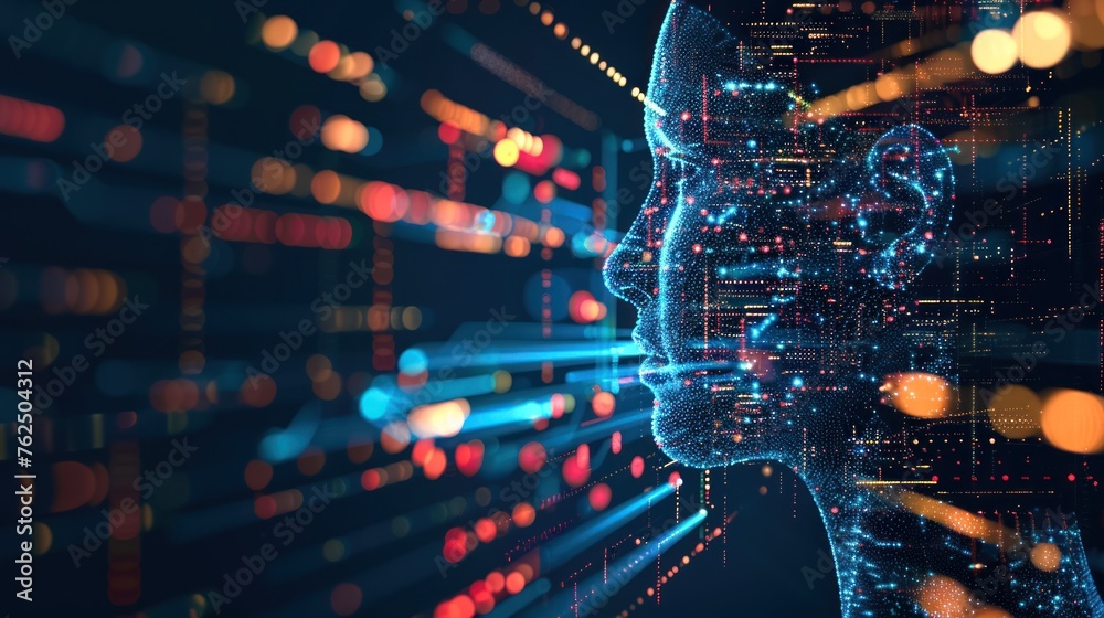 Captivating image of a cybernetic face silhouette against a backdrop of flowing data and light, symbolizing technology's edge