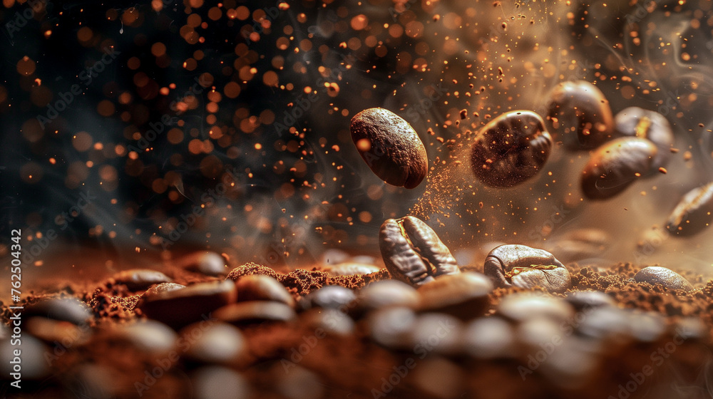Beans and ground coffee outbreaking. 