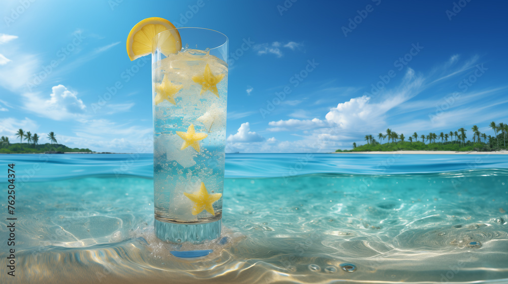 Glass of tropical beverage with ice and different decoration. Background of a sunny beach with palms and coast. Concept of paradise Glass of tropical beverage with ice and different decoration. Background of a sunny beach with palms and coast. Concept of paradise
