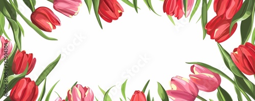 Frame with red tulips on white simple background. Mothers day  Easter  Valentine day. Springtime flat lay composition with copy space. Romantic backdrop for wedding greeting card  banner