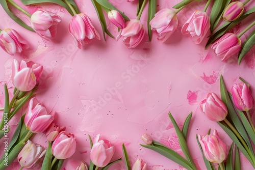 Frame with spring tulips on pink simple background. Mothers day, Easter, Valentine day. Springtime flat lay composition with copy space. Romantic backdrop for wedding greeting card, banner #762504314