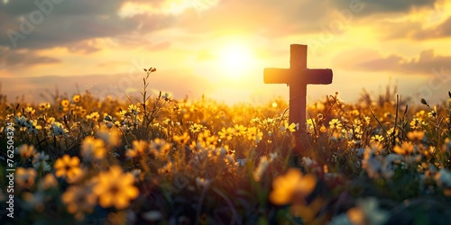 Concept of religious worship in a sunlit field on Ascension day. Concept Religious Worship, Sunlit Field, Ascension Day, Spiritual Connection, Divine Presence photo