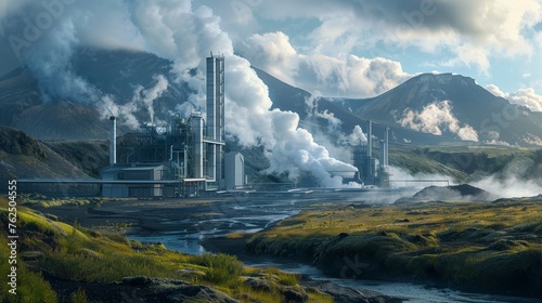 A geothermal power plant harnesses renewable energy, emitting steam into the air amidst a rugged volcanic landscape under a cloudy sky.