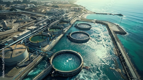 Top-down shot of a water treatment facility with circular settling tanks along the coastline, showcasing environmental engineering.