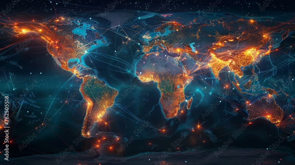 An illustrated map of Earth displaying global network connectivity with bright lines and nodes representing communication links. - obrazy, fototapety, plakaty 