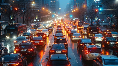 Dense traffic jam on a rain-drenched urban avenue during evening rush hour, with reflections of vehicle lights.