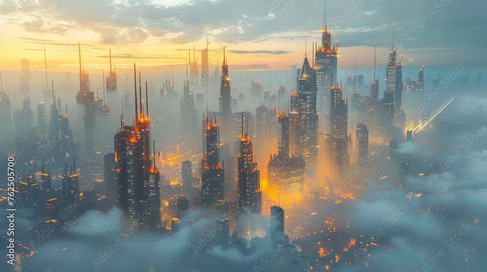 A breathtaking view of a futuristic city's illuminated skyline emerging from a sea of mist in the soft light of dawn.