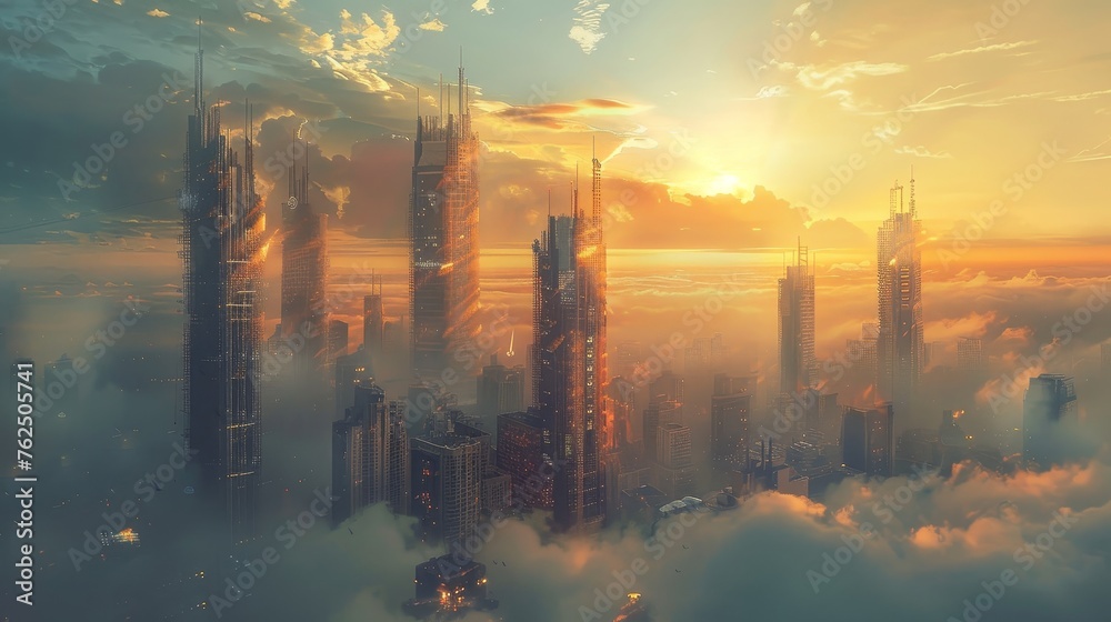 A radiant sunset bathes a cloud-engulfed cityscape in golden light, with towering skyscrapers piercing through the fluffy clouds.