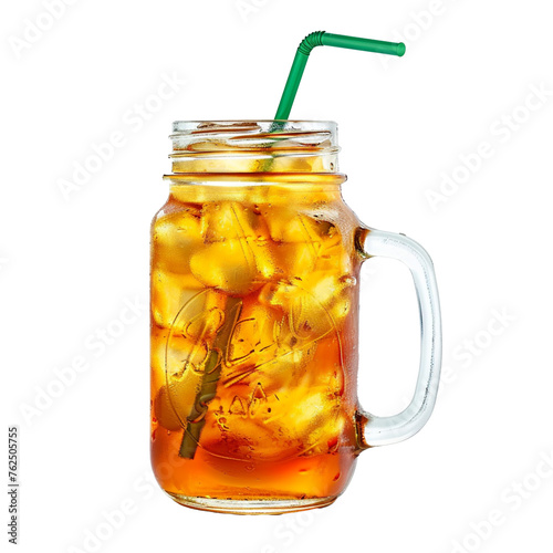 A refreshing iced tea in a mason glass with a green straw, isolated on transparent glass.
