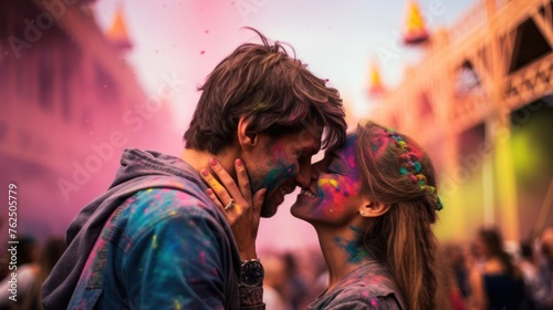 Holy Festival, Portrait of a young couple covered with multicolored powder in the city