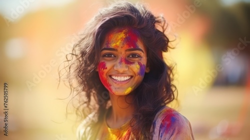 Holy Festival, Portrait of happy young Indian woman with face covered with Holi paint
