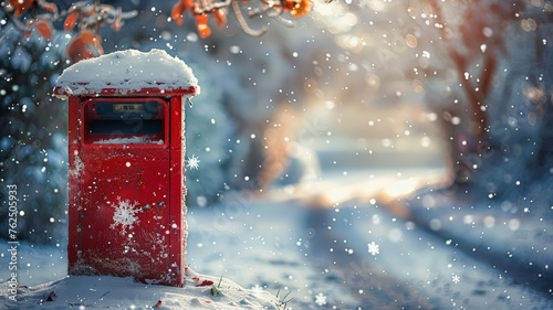Vintage red postbox in a snowy landscape under a tranquil wintery sky photo