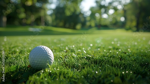 Golf ball on a dewy course with sharp focus and natural green background