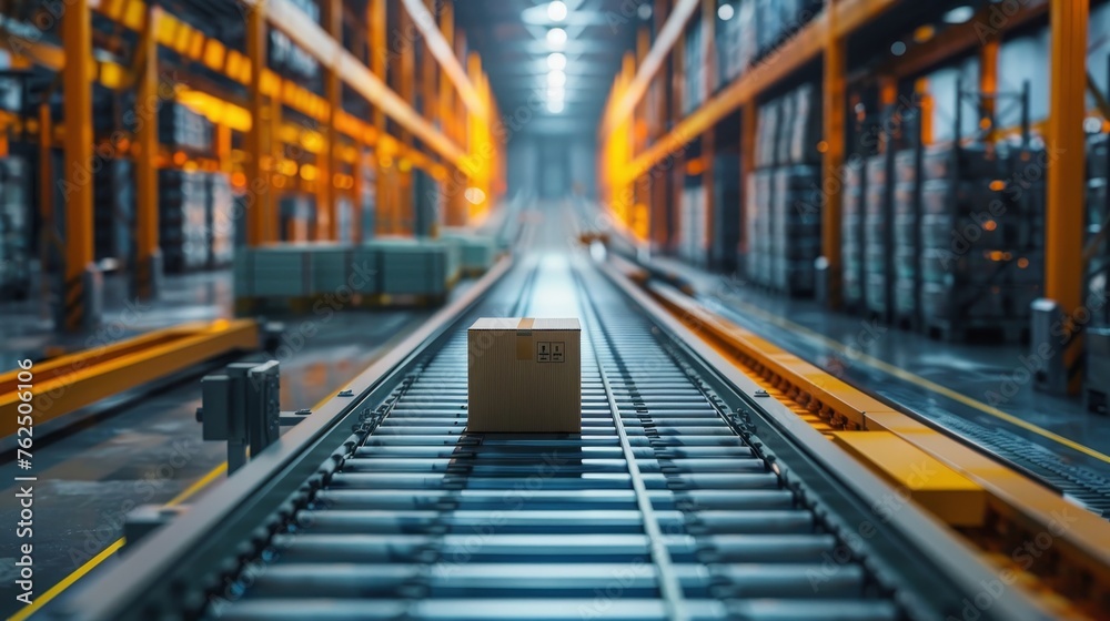 Focused image of a single package traveling down an automated conveyor system in a vast, modern warehouse facility. Focused image of a single package traveling down an automated conveyor system in a vast, modern warehouse facility.
