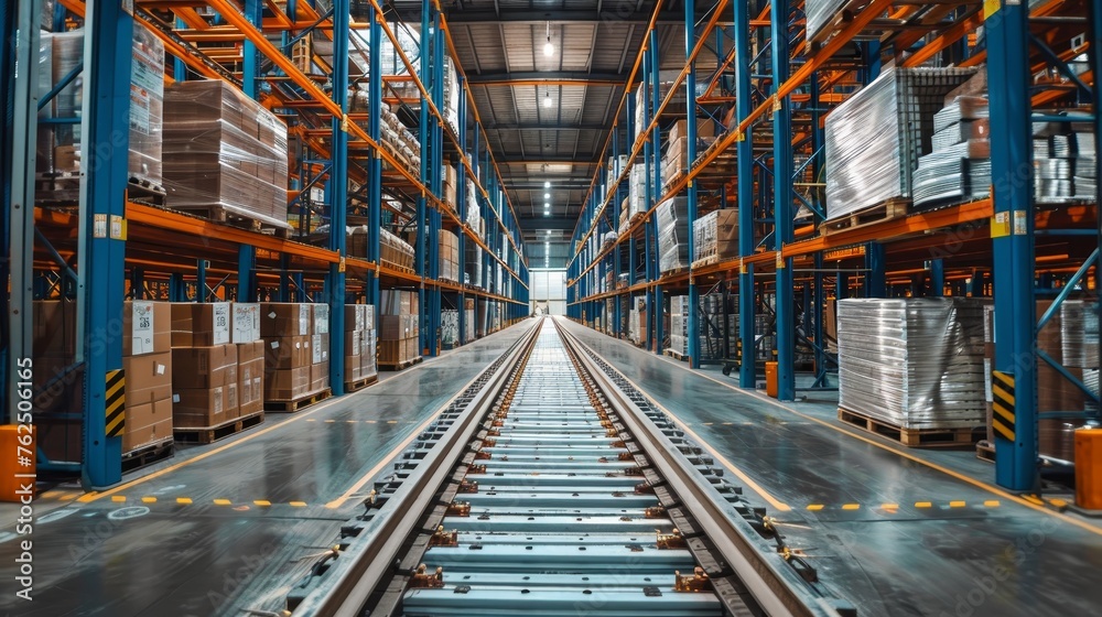 An empty conveyor belt runs down the center of a symmetrical warehouse aisle, flanked by shelves stacked with goods.