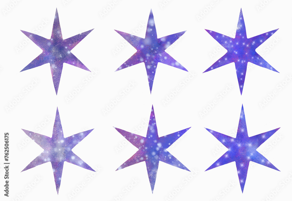 Obraz premium Hand-drawn watercolor illustration on a white background of a set of night six-pointed stars with glitter and highlights. For sky design, galaxy decoration, banner combination.