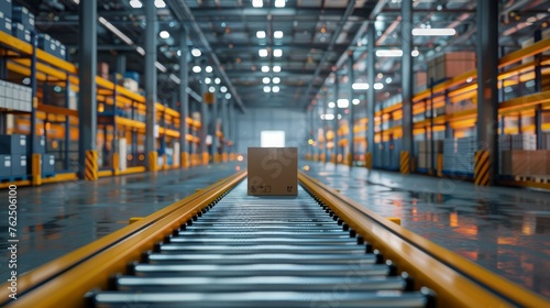 Single cardboard box on a yellow conveyor belt in a large, well-organized, modern distribution warehouse with shelves and lights. © Rattanathip