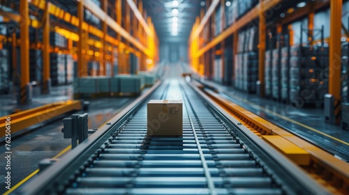 Focused image of a single package traveling down an automated conveyor system in a vast, modern warehouse facility.