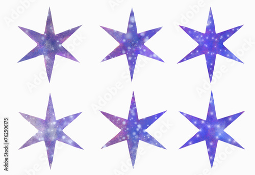 Hand-drawn watercolor illustration on a white background of a set of night six-pointed stars with glitter and highlights. For sky design  galaxy decoration  banner combination.