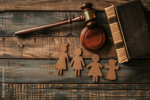 Obraz na płótnie Family and minor judicial protection concept with judge's gavel and law book on a wooden table and family cutout. Top view w salonie
