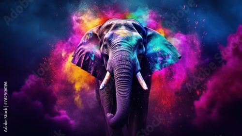 Holi festival, colorful elephant, explosion of colored smoke on a black background © AI BLONDY