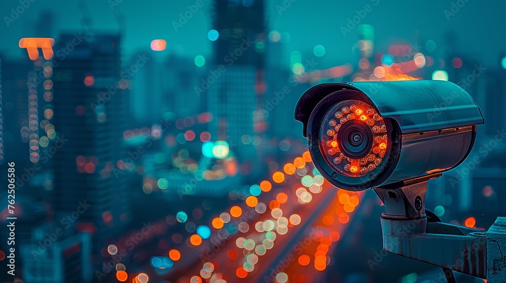 An infrared security camera, bathed in an orange glow, stands watch over a metropolitan skyline shimmering with evening lights. An infrared security camera, bathed in an orange glow, stands watch over a metropolitan skyline shimmering with evening lights.