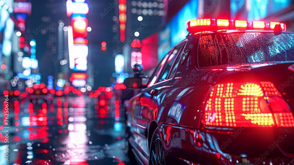 Dynamic police car with vivid lights reflecting on wet city streets at night Dynamic police car with vivid lights reflecting on wet city streets at night