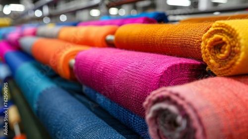 A selection of brightly colored fabric bolts arranged in a row, showcasing diverse textures and shades for fashion and crafts.