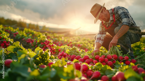 A male farmer harvesting radishes