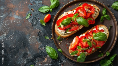 Bruschetta with fresh ricotta cheese and cherry tomatoes on wooden board decorated with basil leaves. Closeup view. Italian antipasti, healthy savory toast with cheese and tomato.