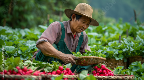 A male farmer harvesting radishes