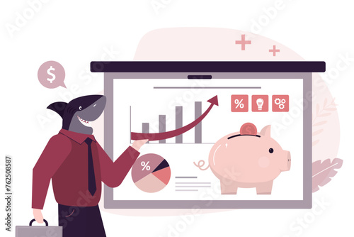 Business shark, successful boss, salesman or manager presenting growing charts. Confident man in suit with fish head. Office worker. Strong powerful human.