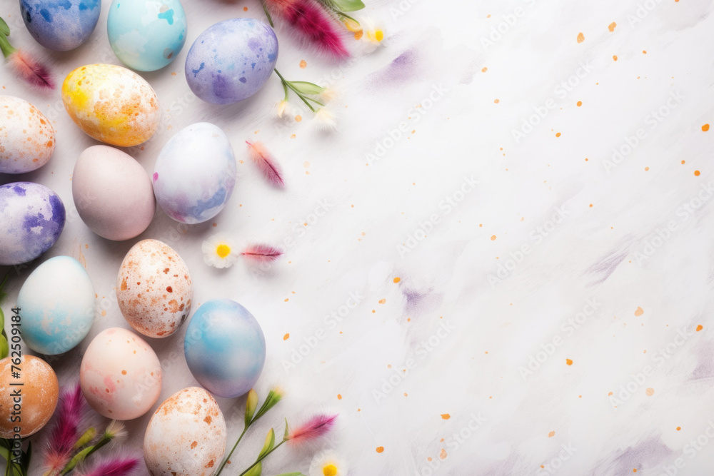 Assorted pastel painted Easter eggs and spring flowers