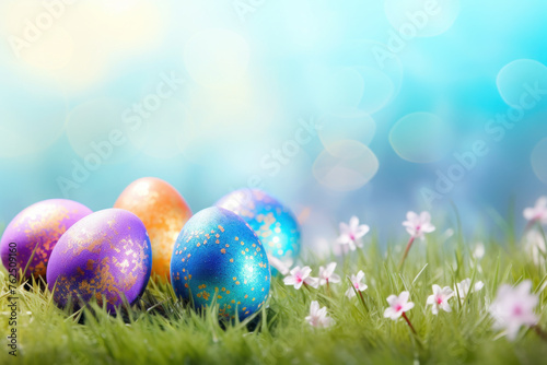 Colorful Easter eggs on grass with spring flowers